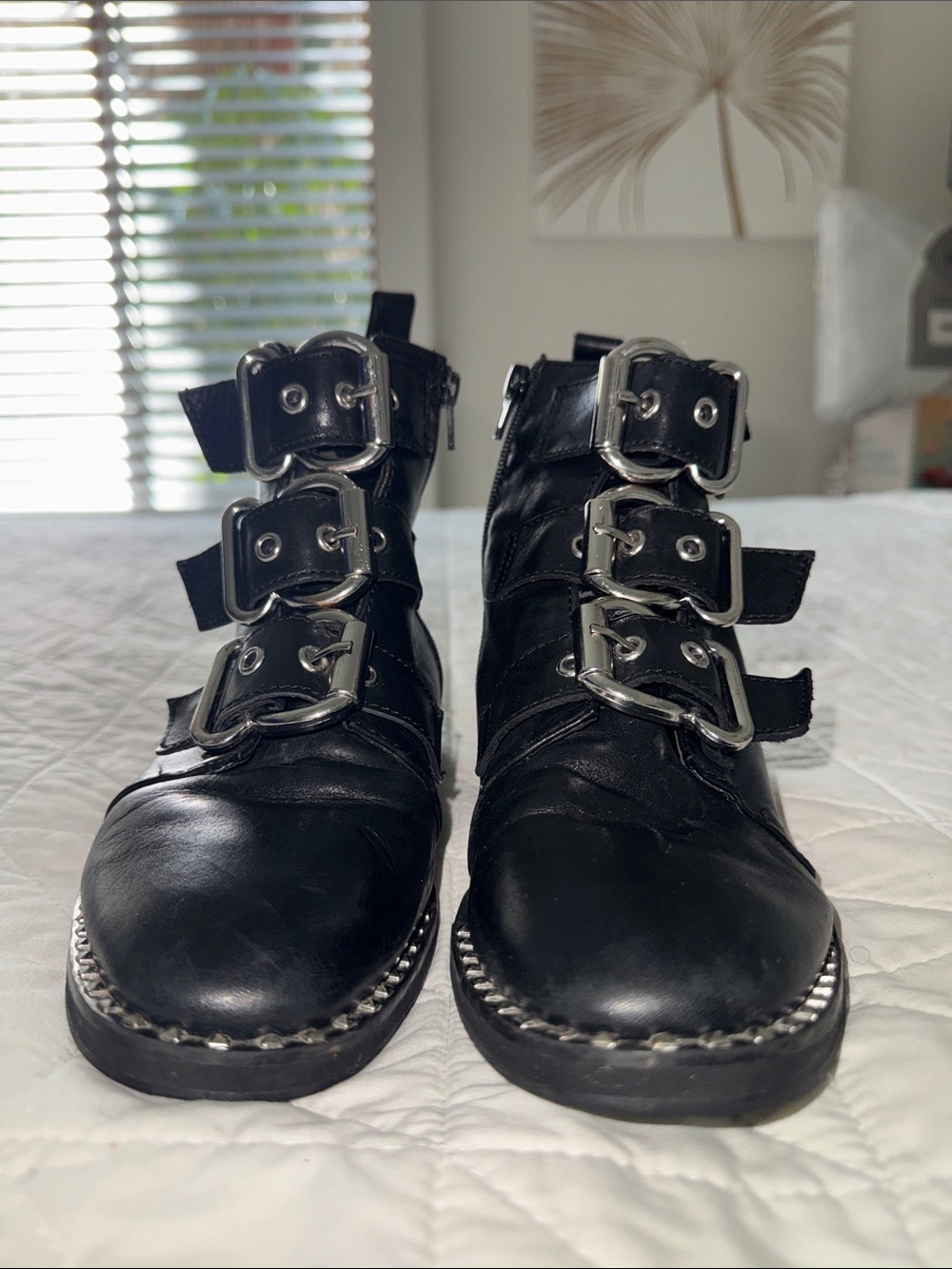 Black Leather Buckle Ankle Boots